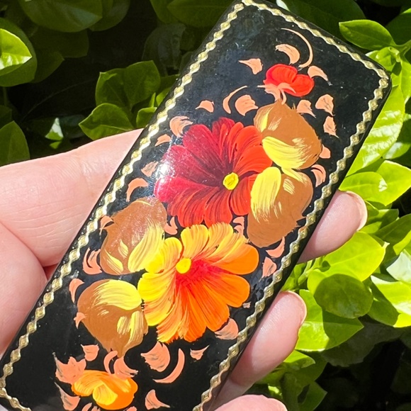 Vintage Russian Lacquer Hand painted Floral Yellow Orange Red Barrette Hair Clip